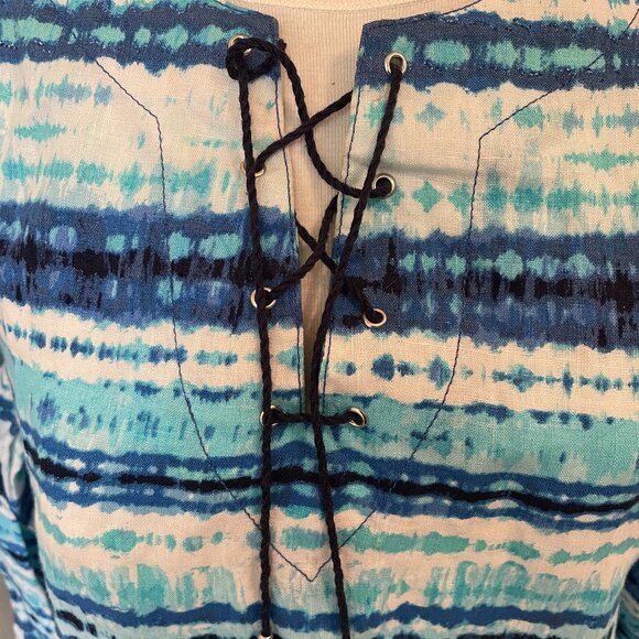 Ruby Rd. Watercolor Blue Tie Dye Linen Tunic Large 3/4 Length Sleeves Tie Front - Picture 2 of 10